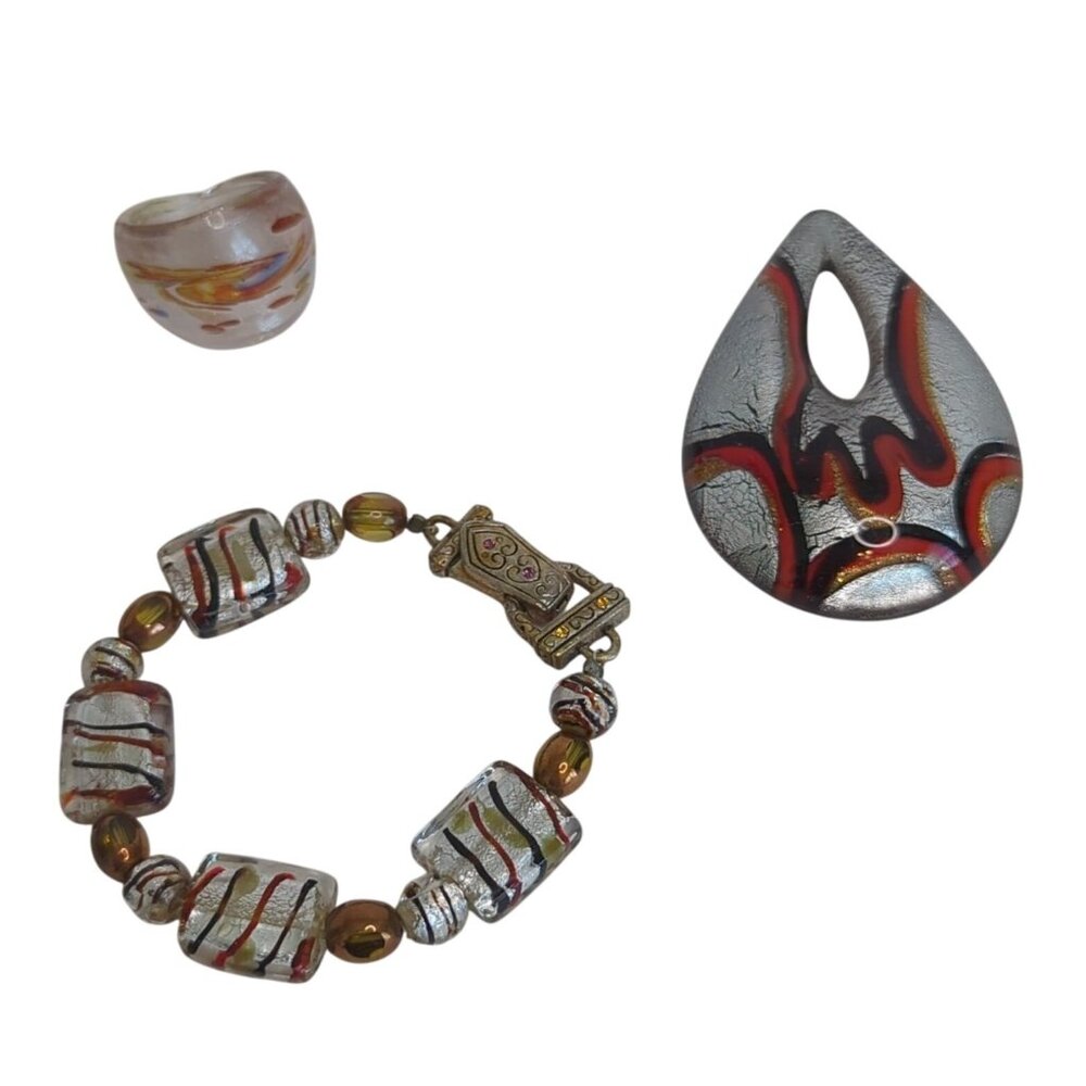Glass Jewelry Set W/ Bracelet Pendant & Ring Red Gold Silver Swirls Handmade